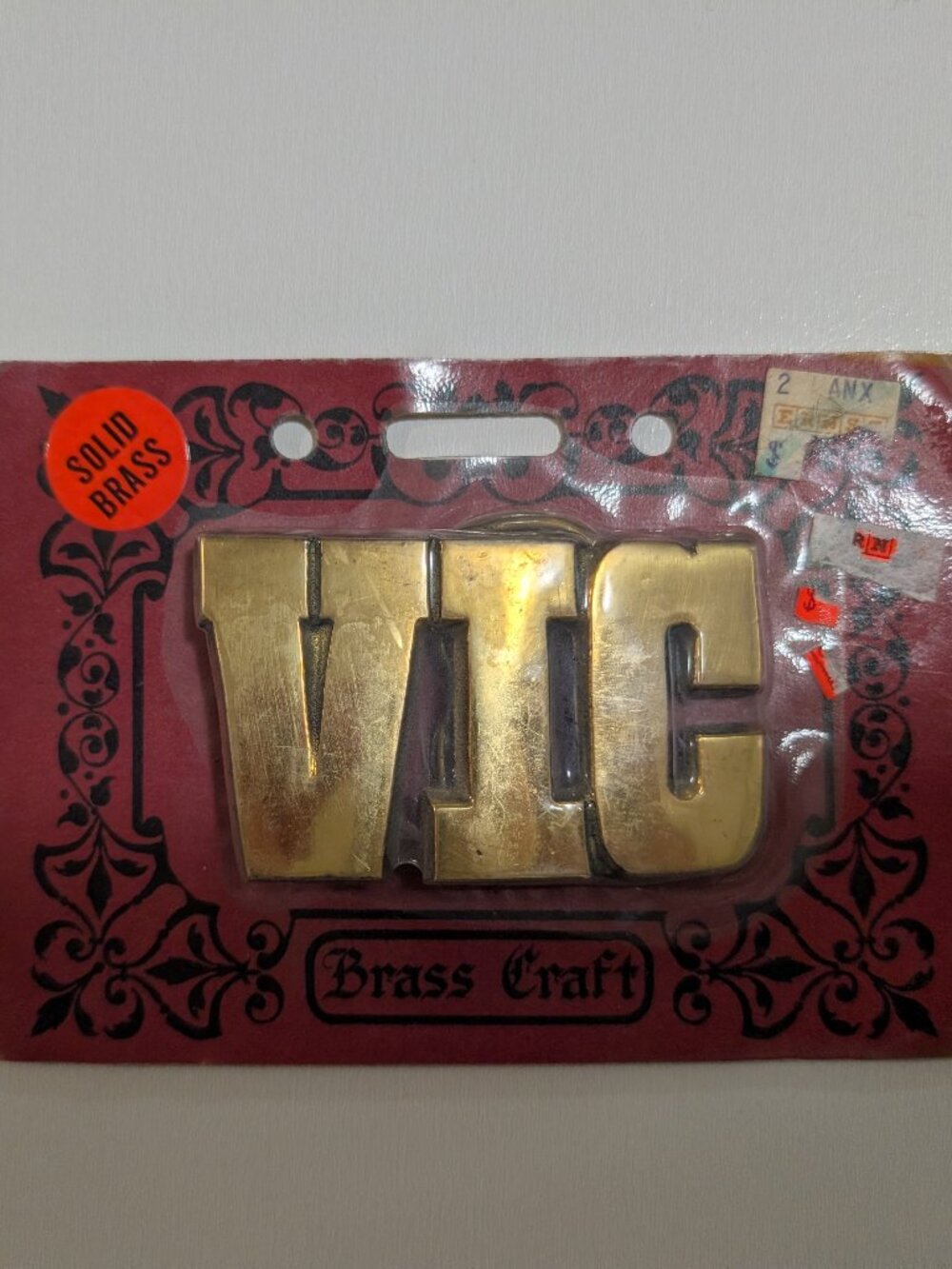 Vintage 1970s Brass Craft Solid Brass VIC Initial Belt Buckle NOS Factory Sealed